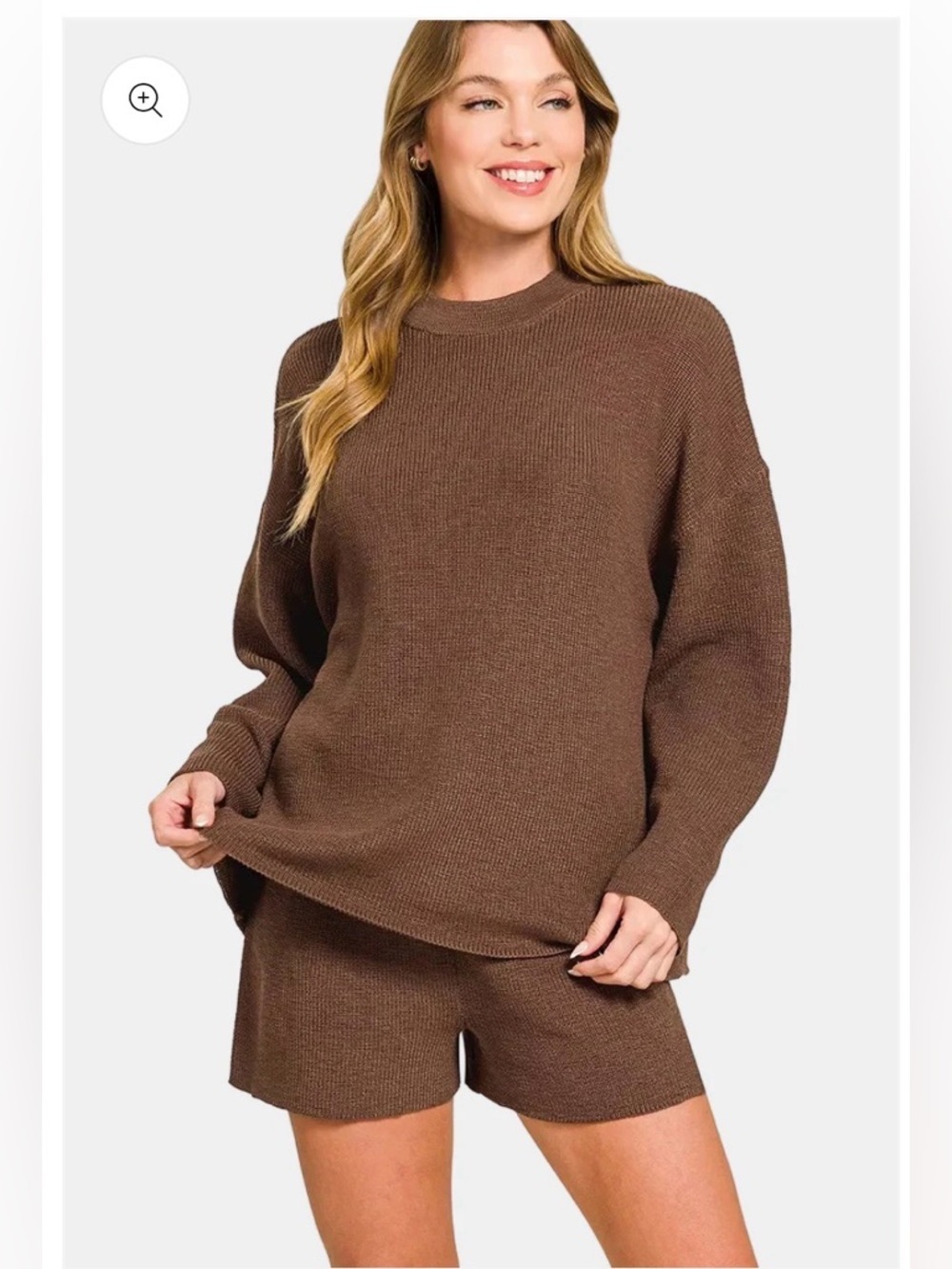ZENANA Cozy Knit Round Neck Sweater &
Sweater Shorts Set / BROWN - Picture 1 of 4